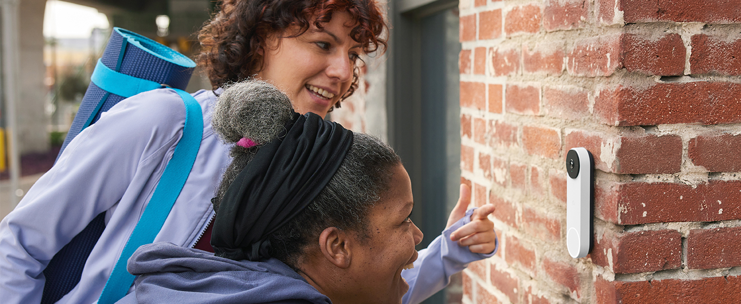 Two people talking to a doorbell